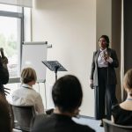 Professional business conference presentation with diverse participants engaging in communication.